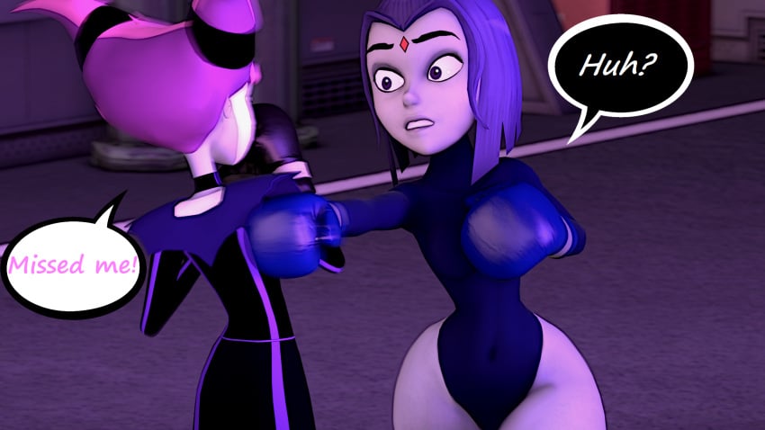 2girls 3d 3d_(artwork) boots boxing boxing_gloves boxing_ring cartoon_network chakraeyes comic dc dc_comics dialogue dodge duo duo_female duo_focus fight fighting fighting_ring gloves grey_skin jinx_(dc) leotard punch punching purple_eyes purple_hair rachel_roth raven_(dc) ryona short_hair short_hair_female superhero superheroine supervillain supervillainess tagme teen_titans text text_bubble