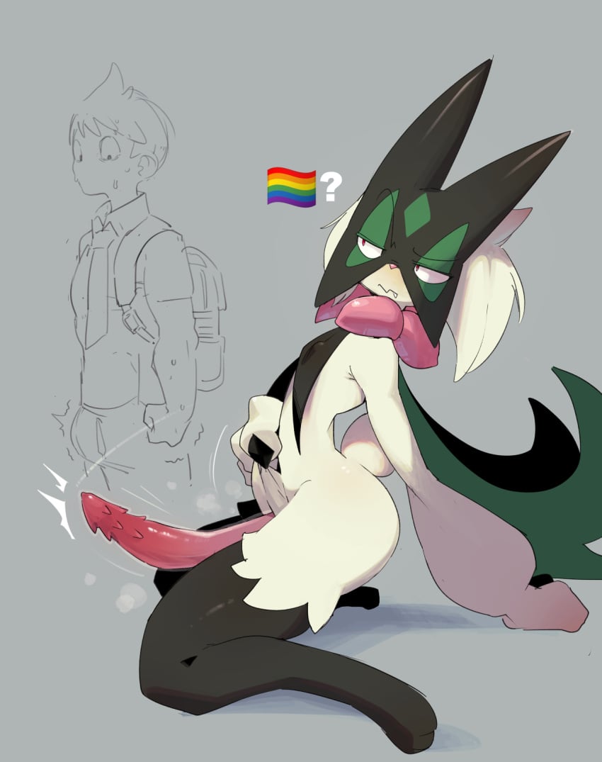 bulge dodudoru duo erection feral gay generation_9_pokemon genitals green_body hi_res human kneeling lgbt_pride male mammal meowscarada nintendo penile_spines penis pokemon pokemon_(species) pride_colors question_mark