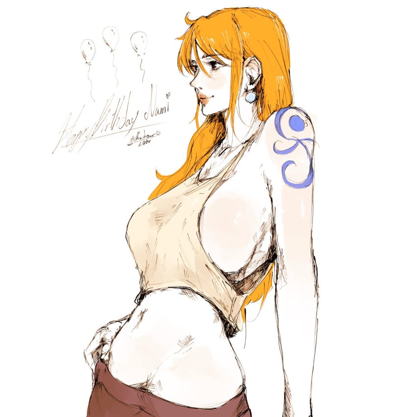 arm_tattoo birthday bon_drawr clothing earrings female female_only happy_birthday hip_dips hips nami nami_(one_piece) navel one_piece orange_hair sideboob slim_waist tattoo