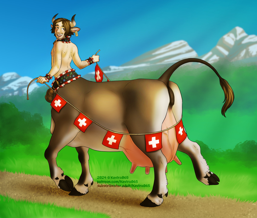 absurd_res anatomically_correct anatomically_correct_genitalia anatomically_correct_pussy andromorph animal_humanoid ass bedroom_eyes bell bell_collar bovid bovid_humanoid bovid_taur bovine bovine_humanoid bovine_taur cattle cattle_taur collar ear_piercing ear_tag flag flag_(object) genitals happy hi_res hooves horn humanoid intersex kevira065 looking_at_viewer looking_back mammal mammal_humanoid mammal_taur mastectomy_scar narrowed_eyes piercing presenting presenting_hindquarters presenting_pussy pussy raised_tail rear_view scar seductive solo switzerland tail taur teats trans_(lore) trans_man_(lore) udders veiny_udders