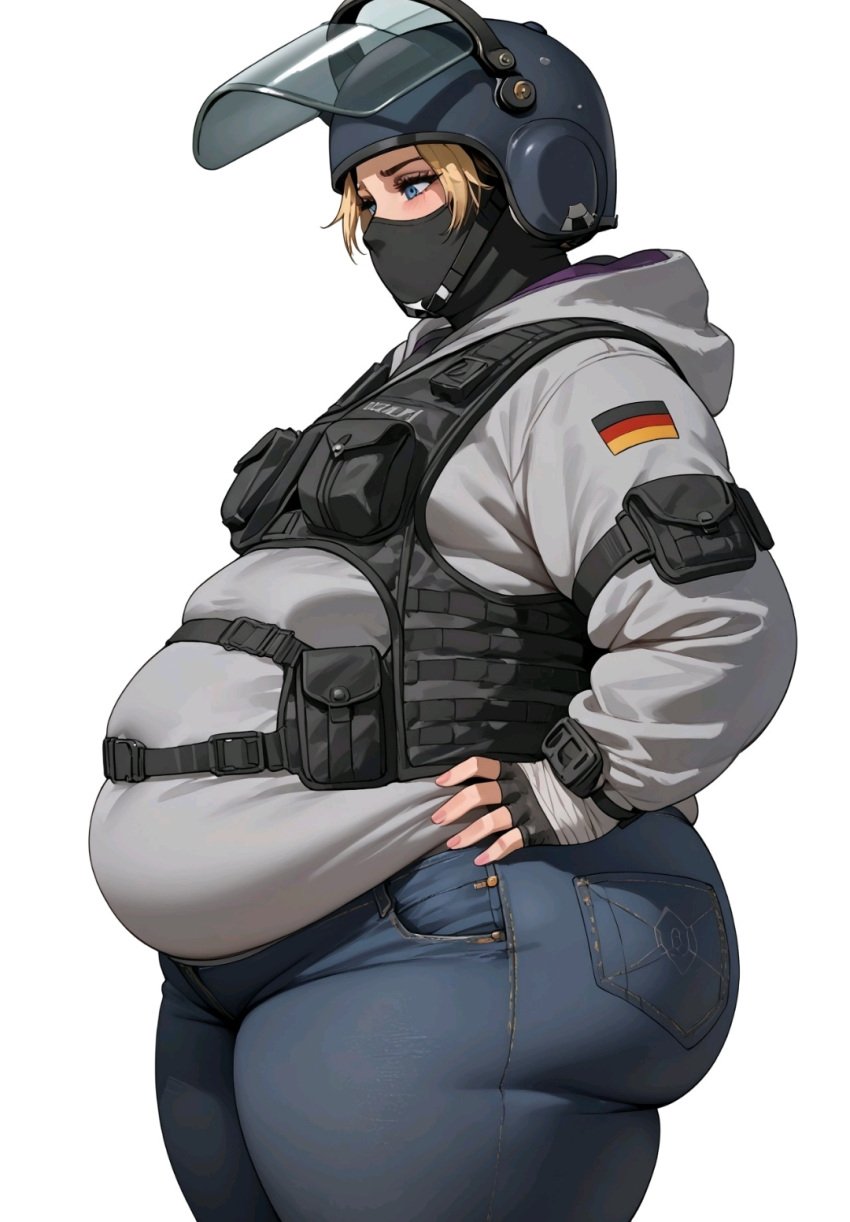 ai_generated bbw ben03020 big_belly blonde_hair blue_eyes fat iq_(rainbow_six) military_uniform obese_female rainbow_six rainbow_six_siege weight_conscious