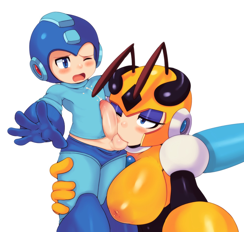 1boy 1girls ball_sucking blush erection eyeshadow fellatio female helmet honey_woman makeup male matospectoru mega_man mega_man(classic) mega_man_(character) oral penis straight testicles vesper_woman