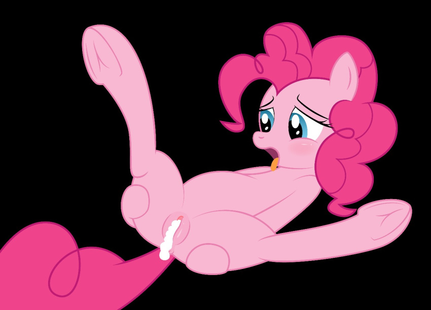 2016 black_background blue_eyes blush cum cum_in_pussy cum_inside earth_pony equine female feral friendship_is_magic fur hair horse lying mammal my_little_pony on_back open_mouth pink_fur pink_hair pinkie_pie_(mlp) pony pussy rainbownspeedash simple_background solo spread_legs spreading tongue tongue_out