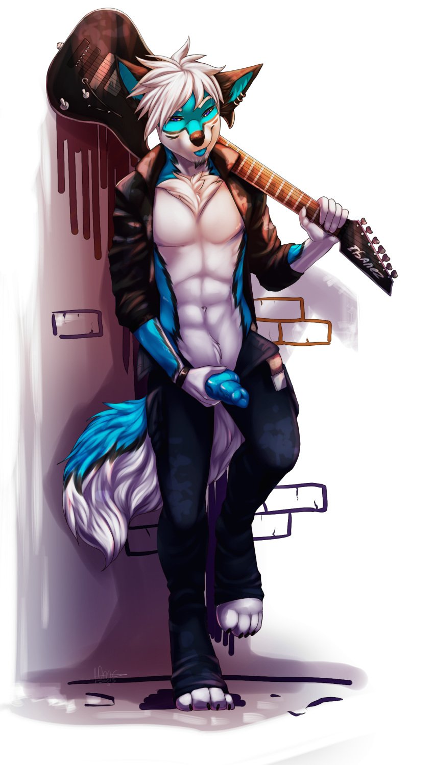 1boy absurd_res alpha_channel anthro blue_fur canine clothed clothing fur guitar guitarist hair hat hi_res holidays jacket kenko looking_at_viewer male male_only mammal musical_instrument musician naughty omesore pants penis saberwolf solo wolf