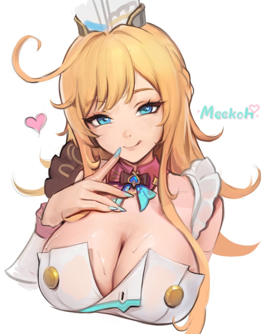 1girls breasts cleavage escoffier_(genshin_impact) female female_focus female_only genshin_impact heart-shaped_pupils large_breasts light-skinned_female light_skin looking_at_viewer meekohopanes smile solo white_background