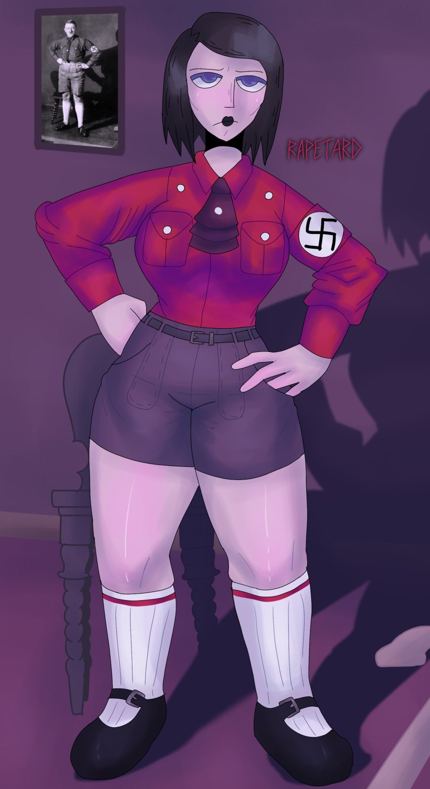 1girls adolf_hitler black_lipstick blue_eyes breasts clothed clothing dark_brown_hair dark_hair female female_focus hips history lips lipstick nazi nazi_armband nazi_imagery not_porn politics rapetard real_person reference_image rule_63 s0d0my_s1n serious serious_face serious_look short_hair shorts socks solo solo_female straight_hair swastika swastika_armband thighs wide_hips