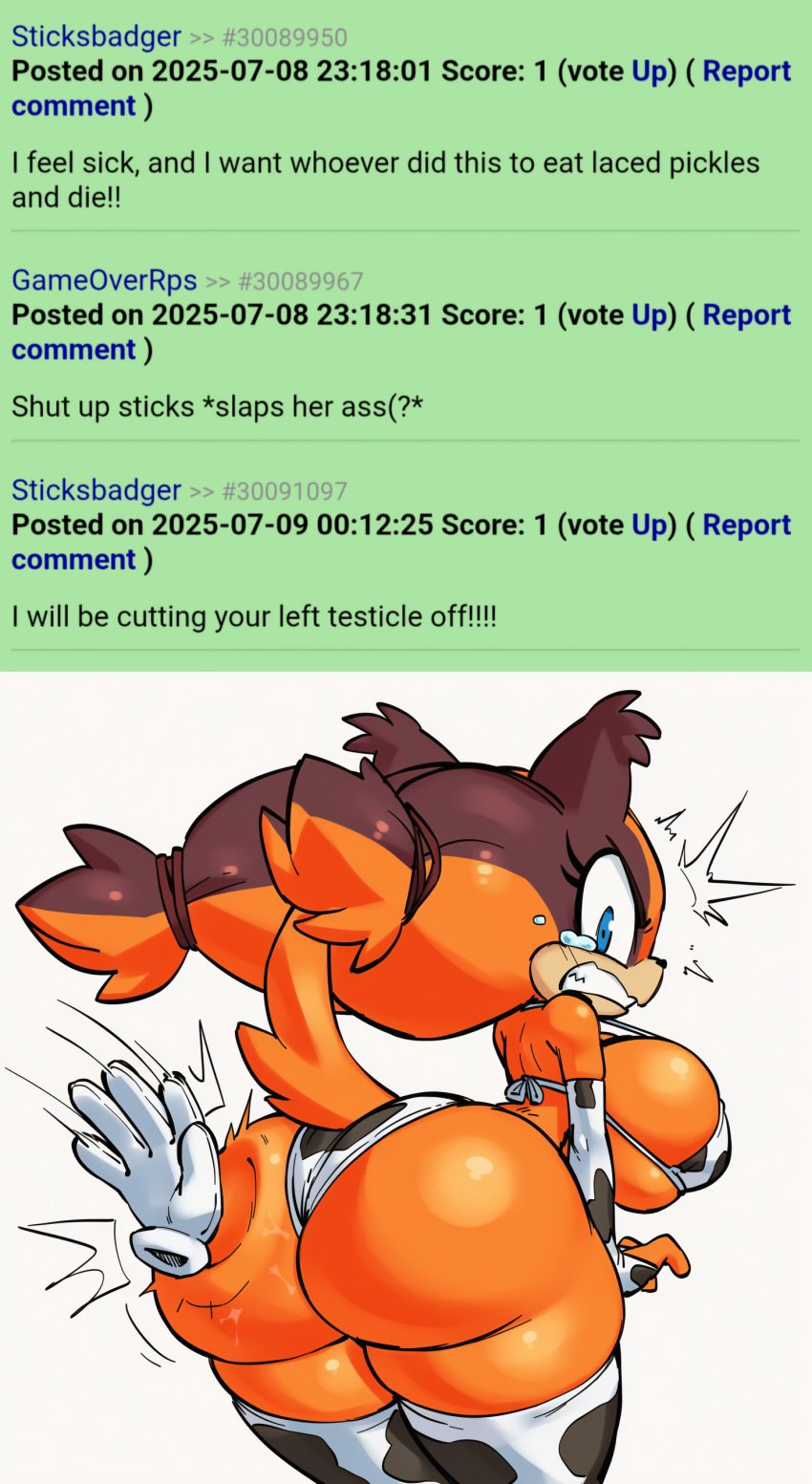 ai_generated angry big_ass crying funny gloves huge_breasts looking_back slap slapping_ass sticks_the_badger thick_thighs