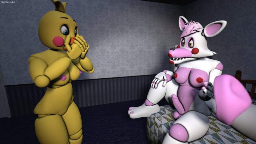 1futa 1girls 3d female five_nights_at_freddy's five_nights_at_freddy's_2 fnafpornartist futa_on_female futanari intersex mangle_(fnaf) naked_female panties toy_chica_(fnaf)