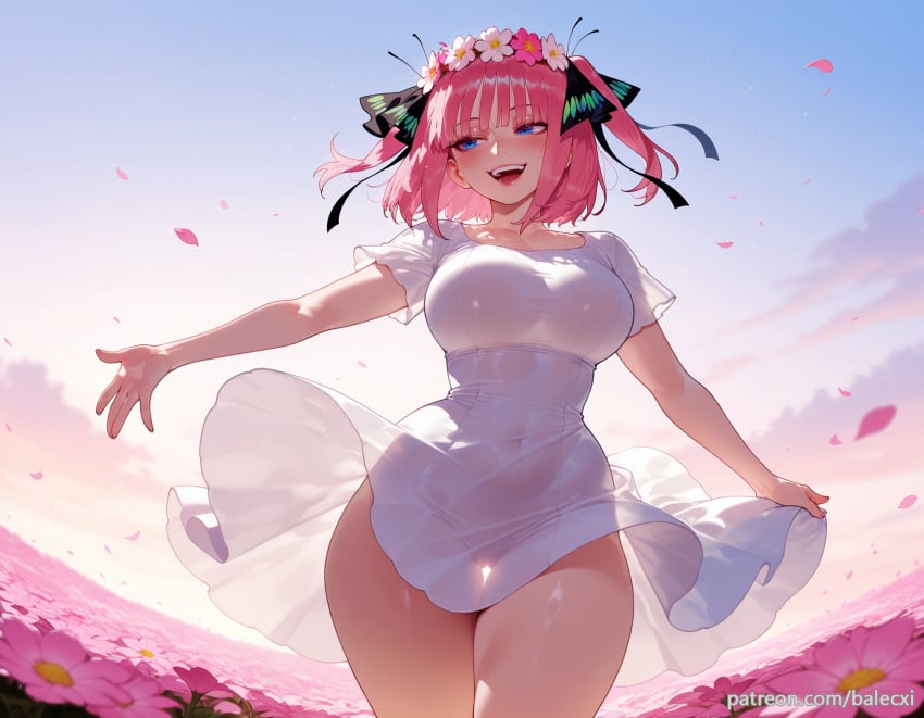 ai_generated balecxi blue_eyes butterfly_hair_ornament covered_navel curvy female flower flower_field flower_wreath go-toubun_no_hanayome hair_ornament hair_ribbon head_wreath large_breasts nakano_nino open_mouth outdoors patreon_username petals pink_hair see-through_silhouette short_hair short_sleeves sky smile solo teeth thick_thighs thigh_gap two_side_up white_dress wide_hips