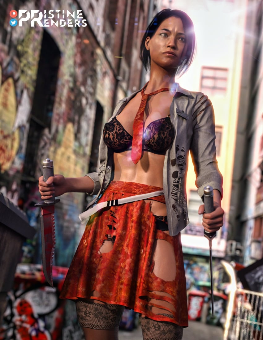 1girls 3d asian asian_female big_breasts black_hair blood bra breasts dead_island female knife nipples nipples_visible_through_clothing pristinerenders solo torn_clothes translucent_clothing weapon xian_mei