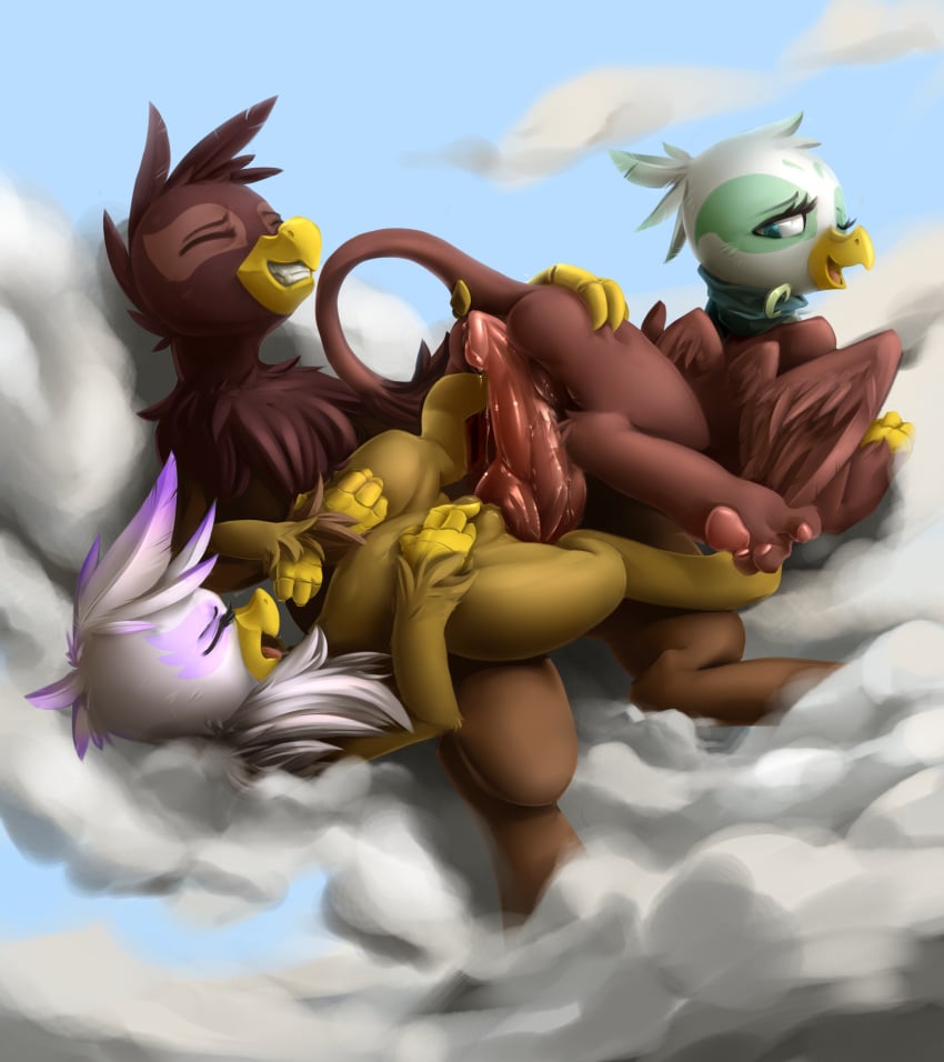 2016 absurd_res avian beak brown_feathers closed_eyes cloud cloudscape erection eto_ya fan_character feathered_wings feathers female friendship_is_magic gilda_(mlp) greta_(mlp) group group_sex gryphon hi_res lying male my_little_pony on_back on_cloud open_mouth outside paws penis pussy sex sky straight wings