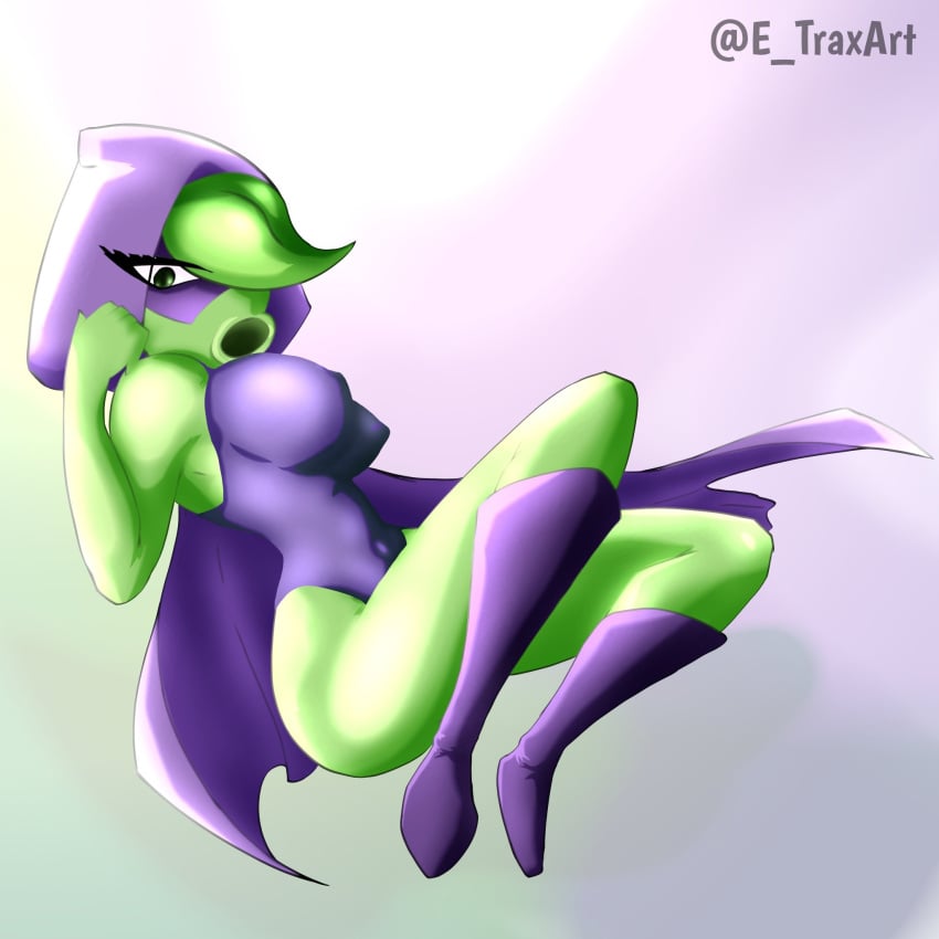 artist_request big_breasts boots cloak covered_nipples e_traxart erect_nipples gradient_background green_shadow_(pvz) hair_between_eyes hood humanized leotard looking_at_viewer mask masked_female plant plant_girl plant_humanoid plants_vs_zombies_heroes purple_background signature thick_thighs white_background