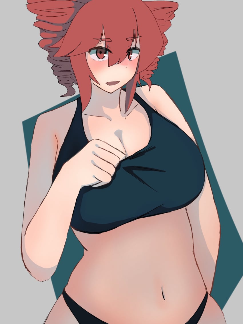 arm_behind_back big_breasts black_panties black_tank_top blush blush breasts cleavage embarrassed hand_on_breast kasane_teto large_breasts looking_at_viewer open_mouth panties red_eyes red_hair shocked shocked_expression tank_top thighs waist wasanpon_ama