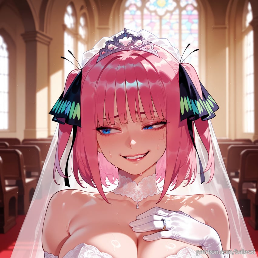 ai_generated balecxi bare_shoulders black_ribbon blue_eyes blunt_bangs blurry_background blush bridal_veil bride butterfly_hair_ornament choker church cleavage collarbone elbow_gloves female go-toubun_no_hanayome hair_ornament hair_ribbon hand_on_own_chest indoors jewelry large_breasts lips looking_to_the_side nakano_nino pink_hair short_hair smile solo strapless sweat teeth tiara two_side_up upper_body wedding_dress wedding_ring white_dress white_gloves