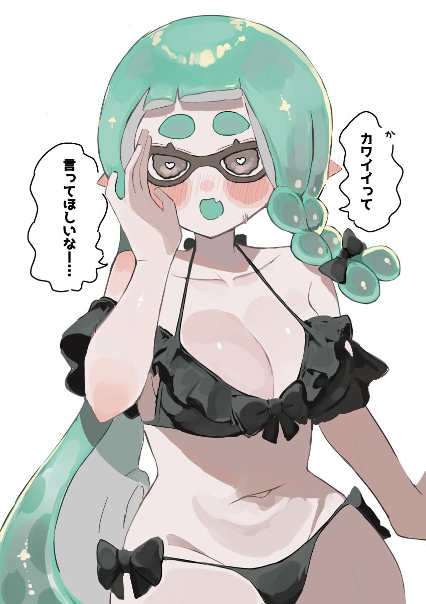 1girls bikini black_bikini black_eyes blush bow bow_bikini braid braided_hair breasts cleavage female heart-shaped_pupils inkling inkling_girl large_breasts long_hair navel nintendo pointy_ears side-tie_bikini simple_background smchan_hll solo solo_female solo_focus speech_bubble splatoon tentacle_hair thighs translation_request white_background