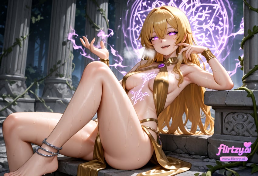ahoge ai_assisted ai_generated anklet bare_legs bare_shoulders barefoot blonde_hair blush bracelet breasts cuffs feet female flirtzy.ai hair_between_eyes jewelry long_hair looking_at_viewer medium_breasts no_panties open_mouth purple_eyes sideboob sitting solo sweat
