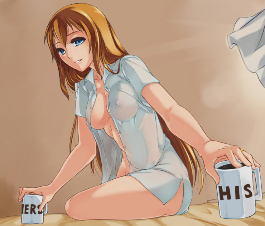 blue_eyes bottomless breasts brown_hair ciel_nosurge coffee covered_nipples female ionasol long_hair looking_at_viewer lunaismaiwaifu nipples open_clothes open_shirt ring see-through smile solo