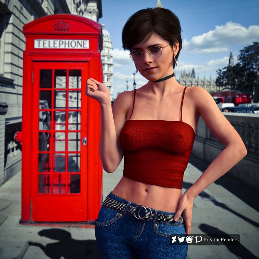 1girls 3d actress british british_female brown_hair celebrity choker emma_watson erect_nipples female glasses hand_on_hip jean_shorts jeans nipple_bulge outdoors pristinerenders public real_person short_hair shorts solo tank_top