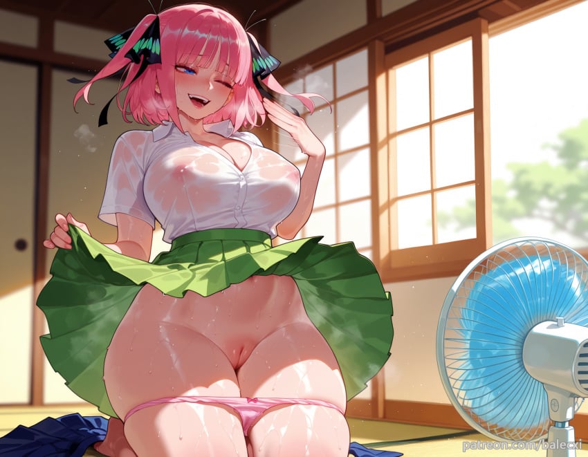 ai_generated balecxi blue_eyes blunt_bangs blush butterfly_hair_ornament cleavage covered_nipples electric_fan fanning_self female go-toubun_no_hanayome green_skirt hair_ornament hot indoors large_breasts nakano_nino one_eye_closed open_mouth panty_pull patreon_username pink_hair pink_panties pleated_skirt pussy ribbon see-through see-through_shirt short_hair short_sleeves skirt_lift smile solo steaming_body sweat teeth thick_thighs two_side_up uncensored underwear upper_teeth_only web_address wet wet_clothes white_shirt