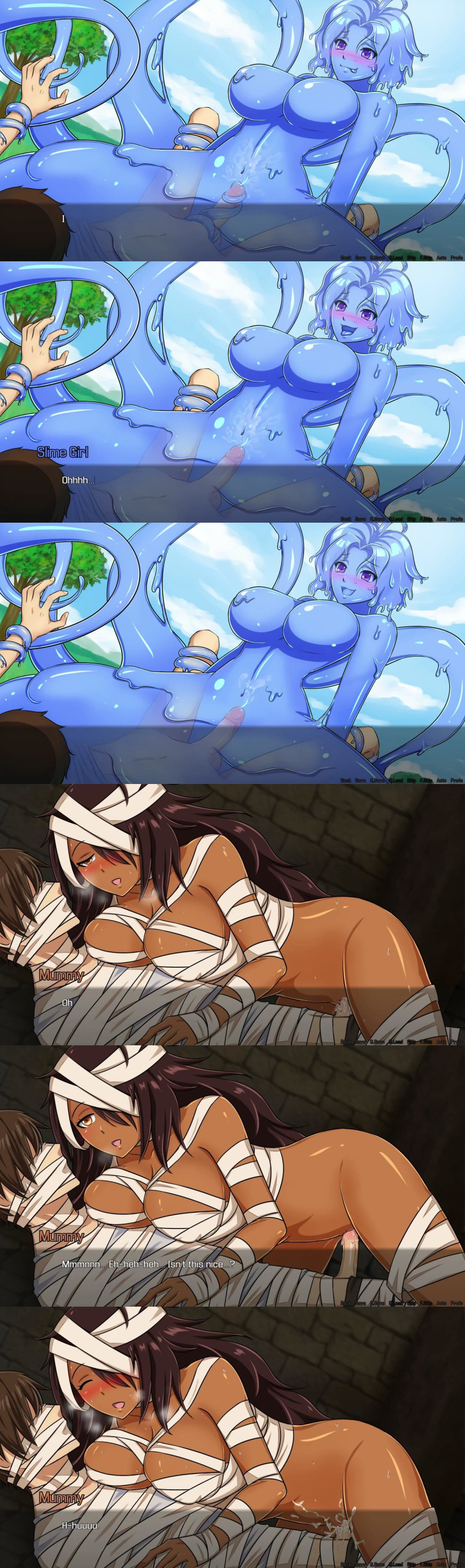 1boy 2girls blue_skin blush breasts cum_inside dark_skin large_breasts multiple_girls mummy nature outdoors penis plant quest_failed rape reverse_rape sex sky sleepy slime_girl tree