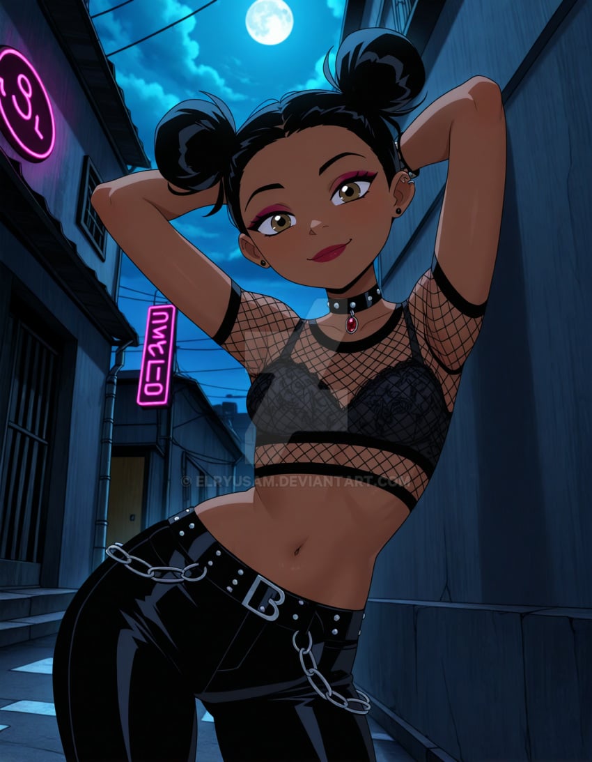 2025 ai_generated belly black_earrings black_eyebrows black_hair_female black_jeans black_lingerie black_lingerie_bra brown_body brown_eyes_female brown_skin bumblebee_(dc) cartoon_network city_background dc dc_comics dcamu dcau deviantart elryusam female_only hands_behind_head jewel_on_chest lingerie_under_clothes looking_at_viewer meta metal_necklace pink_eyeshadow red_jewel red_lipstick short_hair_female smile_at_viewer smiling_at_viewer teen_titans transparent_bra tummy