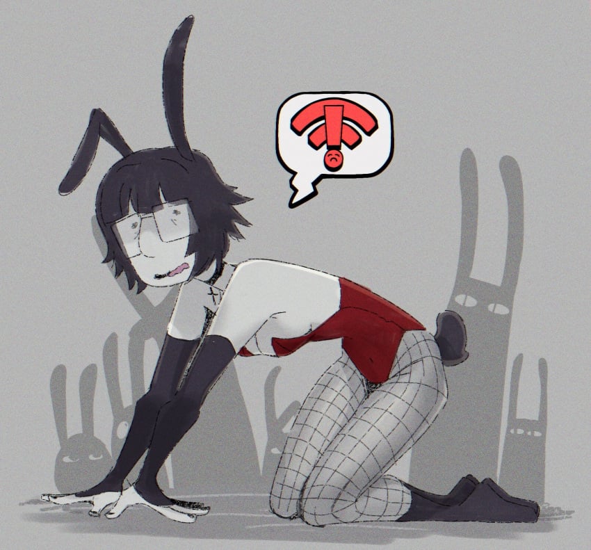 black_hair bunny_ears bunny_girl bunny_girl_suit bunny_tail bunnysuit clothing female female_focus female_only glasses grey_skin original original_character short_hair skinny skinny_girl thick_thighs thigh_highs zzzilart