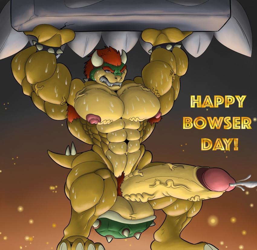 1boy armpit_hair armpits balls bowser bowser_day cum hair hyper hyper_penis koopa lava male male_only mario_(series) muscular nintendo nipples nude penis scalie shell solo standing sweat text thwomp video_games wolfgerlion64