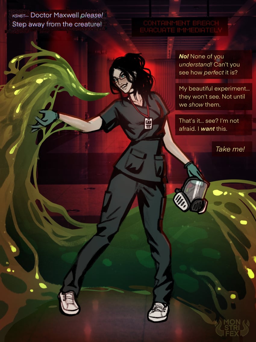1girls begging begging_for_it black_hair dr_daria_maxwell_(monstrifex) gas_mask goo goo_creature goo_transformation holding_mask holding_object imminent_oral imminent_rape imminent_sex imminent_transformation mad_scientist monster monstrifex radiation radioactive radioactive_body radioactive_waste science_fiction scientist scifi sentient slime slime_(substance) slime_monster transformation willing willing_female willing_transformation