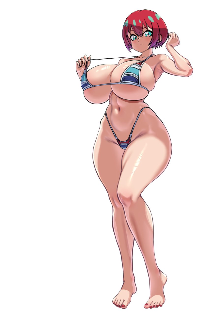 amate_yuzuriha closed_mouth curvy full_body gundam gundam_gquuuuuux huge_breasts looking_at_viewer micro_bikini mold001 paid_reward_available pulling_bikini_string red_toenails thick_thighs toenail_polish v-shaped_eyebrows voluptuous wide_hips