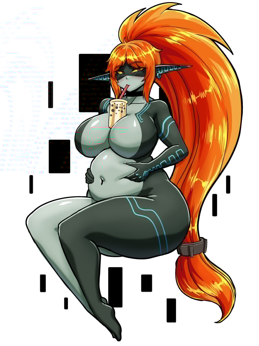 2023 bloated_belly boba_tea boba_tea_challenge bubble_tea chocofl4n large_breasts midna nintendo nude nude_female pointy_ears ponytail red_hair stuffed_belly tagme the_legend_of_zelda thick_thighs