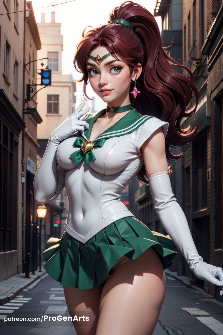 1girls ai_generated artist_name bishoujo_senshi_sailor_moon bow breasts brooch brown_hair building choker circlet city covered_navel earrings elbow_gloves gloves green_choker green_eyes green_sailor_collar green_skirt hair_ornament heart_brooch hi_res jewelry kino_makoto leotard lips long_hair looking_at_viewer magical_girl makoto_kino medium_breasts miniskirt outdoors patreon_username pleated_skirt ponytail progenarts road sailor_collar sailor_jupiter sailor_senshi_uniform skirt solo standing star_(symbol) star_choker star_earrings street tiara web_address white_gloves white_leotard