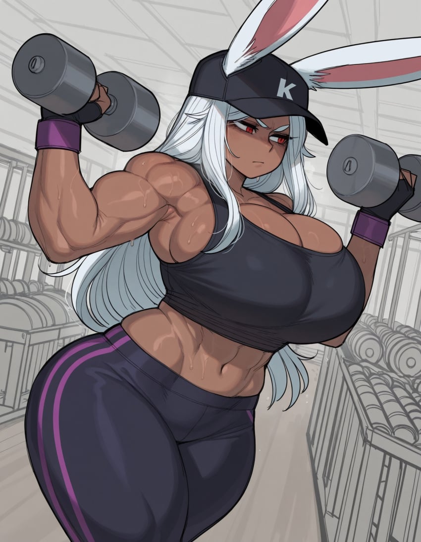 1girls big_breasts boku_no_hero_academia crop_top curvaceous curvy dark-skinned_female dark_skin female female_only gym huge_breasts large_breasts leggings long_hair midriff miruko muscular muscular_female my_hero_academia navel rabbit_ears rabbit_girl red_eyes solo sweat sweatdrop tank_top thick_thighs voluptuous white_hair wide_hips