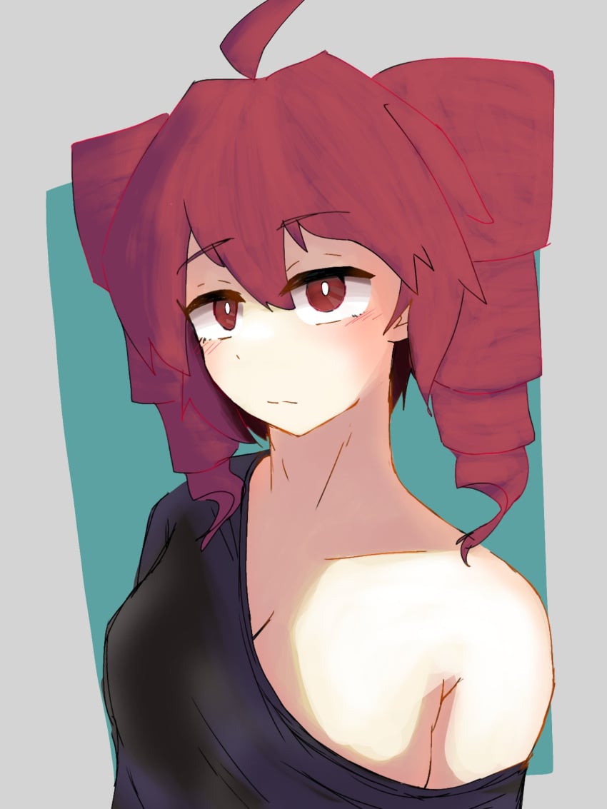 black_shirt blush blush breasts cleavage kasane_teto looking_at_viewer red_eyes red_hair reflective_body shaded shadow shirt shirt_down shoulders_exposed sunlight wasanpon_ama