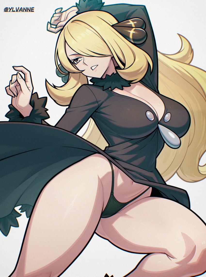 1girls ai_generated big_breasts black_coat blonde_hair breasts cleavage coat cowboy_shot cynthia_(pokemon) female female_focus female_only grey_eyes hair_over_one_eye hi_res light-skinned_female light_skin long_hair navel nintendo panties pokemon pokemon_dppt shirt simple_background solo thick_thighs thighs thong white_background ylvanne