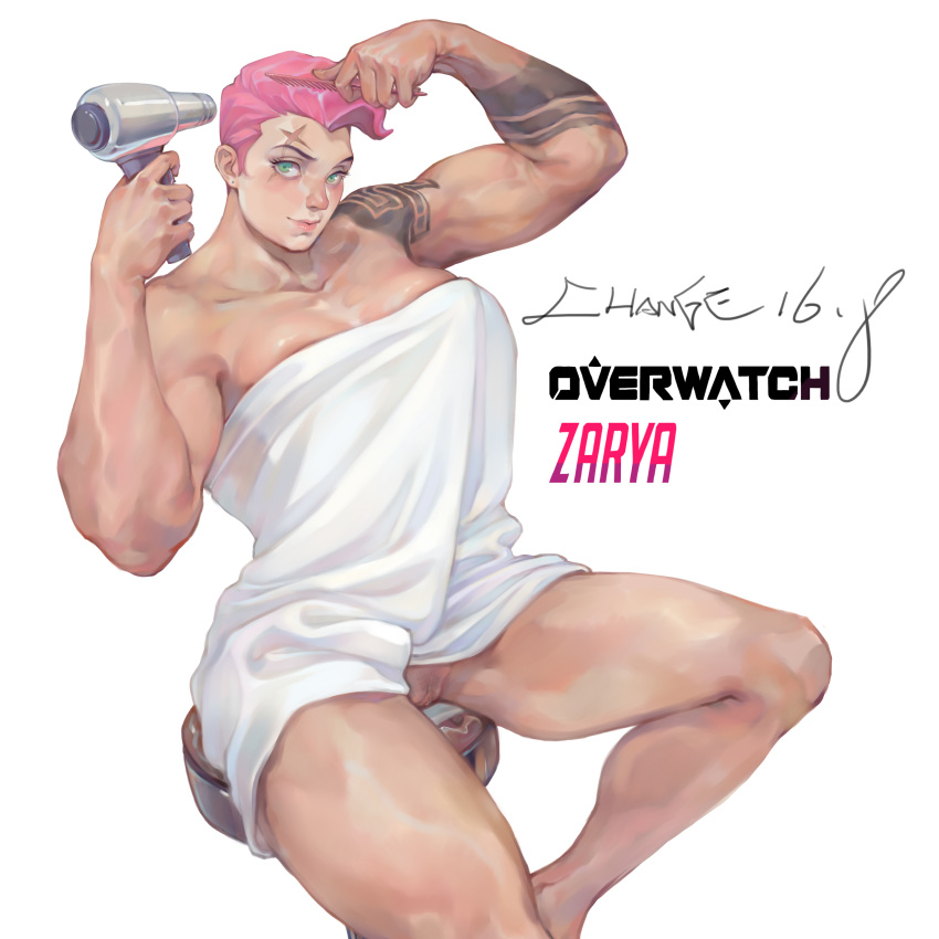 2d absurdres blizzard_entertainment breasts change_(artist) cleavage comb covered_nipples face_scar facial_scar female female_only green_eyes hair_dryer highres human large_breasts light_smile lips looking_at_viewer muscle muscles muscular muscular_female overwatch overwatch_2 pink_hair pussy simple_background solo thick_thighs thighs toned towel white_background zarya