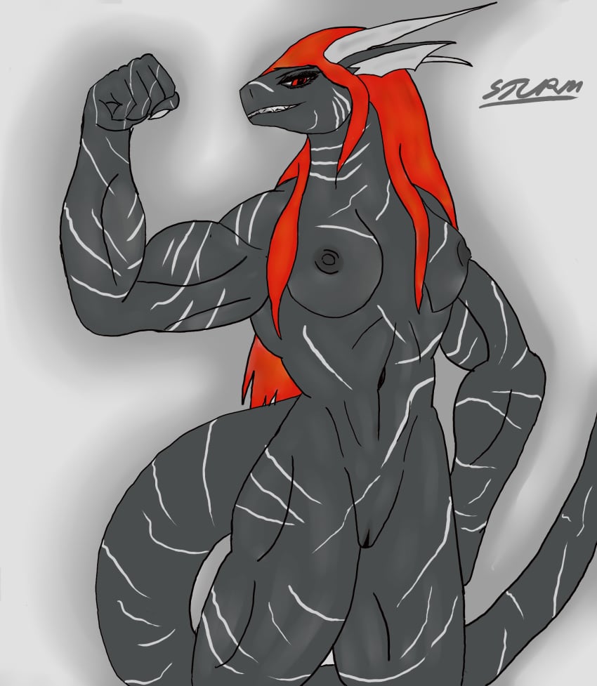 2016 anthro big_breasts breasts dragon female front_view hair horn ignis looking_at_viewer muscular nipples nude pinup pose pussy scalie scar simple_background smile solo standing sturmdragon