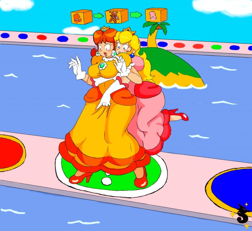 2016 2girls arms_under_breasts blonde_hair blue_eyes blush breasts brooch busty clothed clothing crotch_grab crown dress earrings elbow_gloves fingering firegon55 flower_earrings fully_clothed gloves heels high_heels human human_only island lips lipstick long_hair mario_(series) mario_party nintendo ocean open_mouth orange_hair palm_tree princess_daisy princess_peach shiningtatsu shoes shoulder_length_hair smile supergon55 yuri