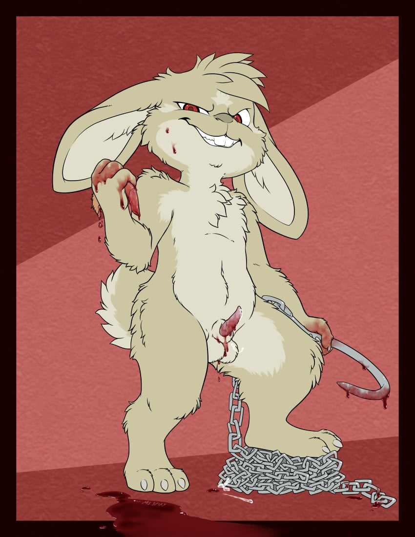 animal_genitalia anthro balls blood border buckteeth castration dripping erection evil_face gore holding_object holding_weapon lagomorph looking_at_viewer malachyte male mammal maxy meat_hook nude penis rabbit sheath smile smirk solo step_pose teeth weapon