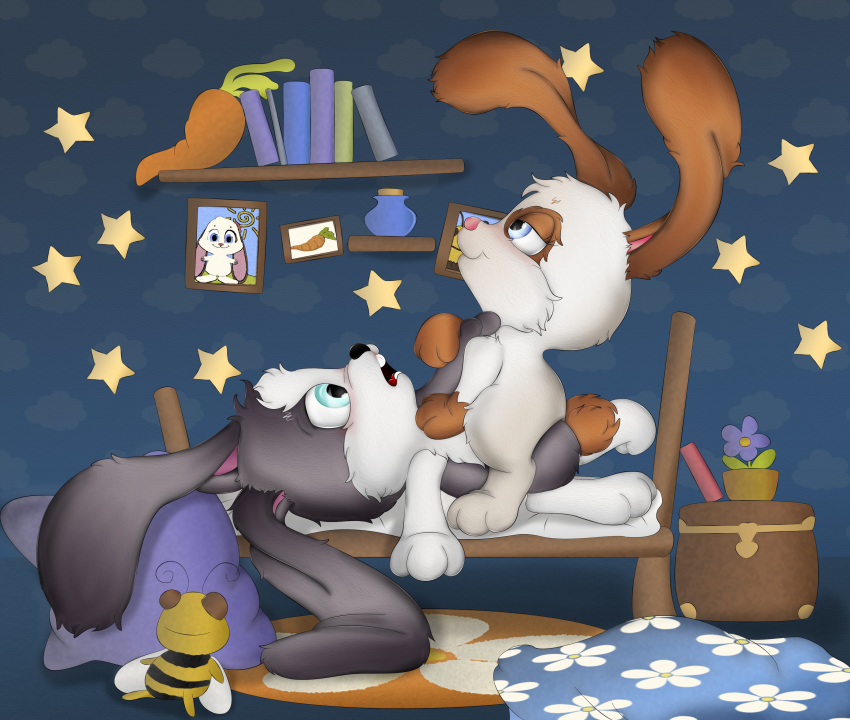 absurd_res ambiguous_penetration cowgirl_position cuddling cute detailed_background duo female hi_res jamba lagomorph male mammal on_top onstatobol penetration rabbit schnuffel schnuffelienchen semi-anthro sex straight young