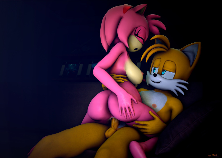 3d amy_rose ass balls big_eyes big_head black_nose blue_eyes breasts canine chek closed_eyes female fox fur furry hedgehog highres male mammal nipples nude open_mouth penetration penis pink_fur pink_hair pussy sex smile sonic_(series) source_filmmaker straight tails vaginal_penetration white_fur yellow_fur