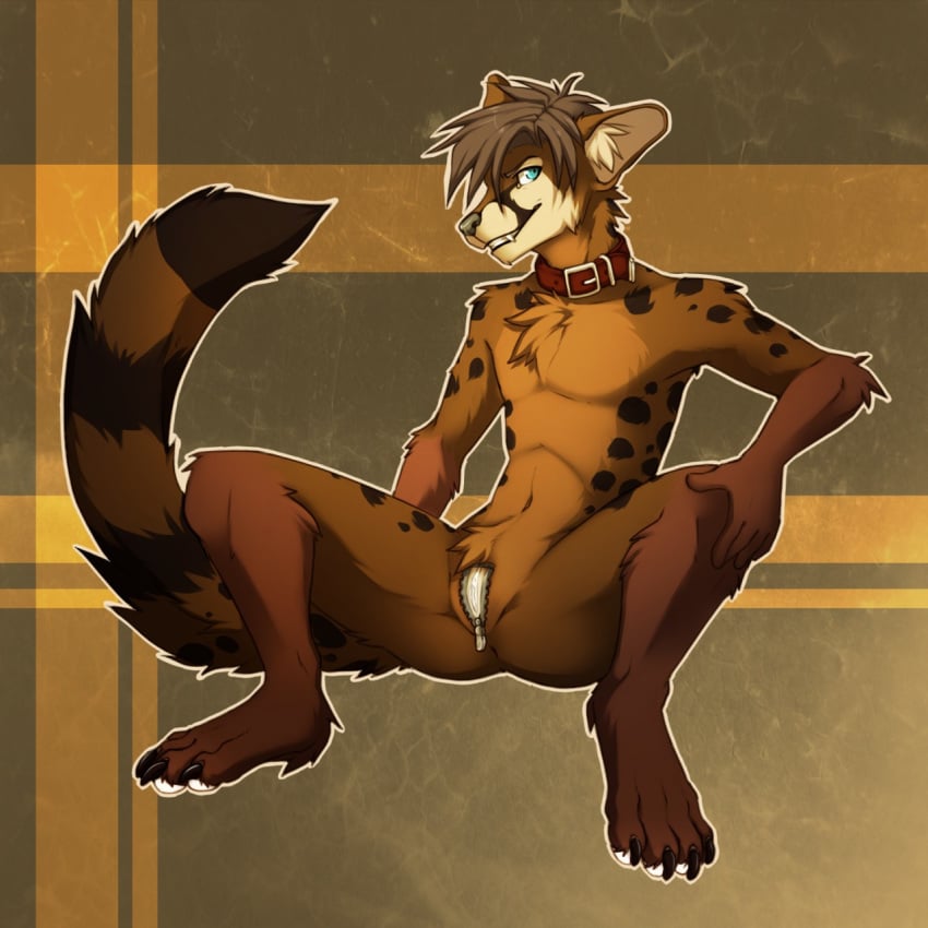 anthro anus cuntboy diesel_wiesel fangs fur genet hair intersex looking_at_viewer mammal nude pussy simple_background smile solo spots spread_legs spreading striped_tail stripes teeth thick_thighs viverrid zipper