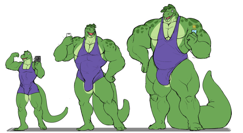 1boy 2015 3_toes 5_fingers abs alligator anthro balls barefoot biceps big_bulge bulge cellphone closed_eyes clothing crocodilian flexing green_scales growth hi_res holding_object huge_muscles looking_at_viewer male male_only multiple_poses muscle_growth muscular muscular_male open_mouth pecs phone poking_out pose reptile ritts scales scalie sharp_teeth simple_background smile solo standing teeth thick_thighs tight_clothing toes wrestling_singlet