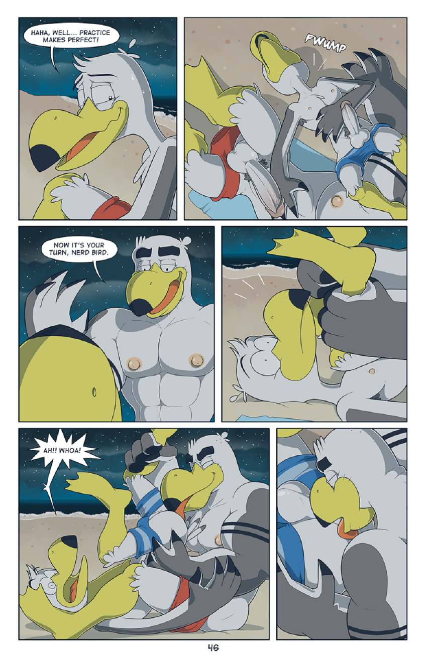 2016 anti_dev avian ayden_(brogulls) bailey_(brogulls) beach bird brothers comic male male_only muscular nude page_46 seagull seaside sibling tongue yaoi