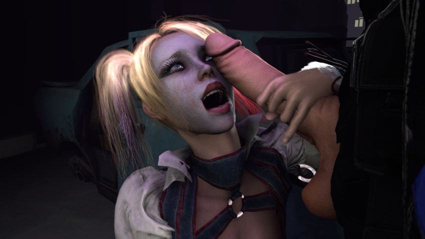 3d batman:_arkham_knight batman_(series) big_penis blonde_hair cum_in_mouth dc dc_comics dick_grayson facepaint female hair harley_quinn harley_quinn_(arkham) harley_quinn_(arkham_knight) lipstick male nightwing penis penis_slap source_filmmaker swallowing teeth warriorsoulsfm