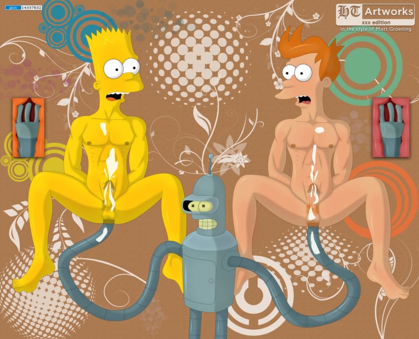 anal anus balls bart_simpson bender_bending_rodriguez bukkake crossover fisting futurama gay ht_lgbtq_artworks long_arms male_only orange_hair penis philip_j_fry pubes robot the_simpsons threesome x-ray