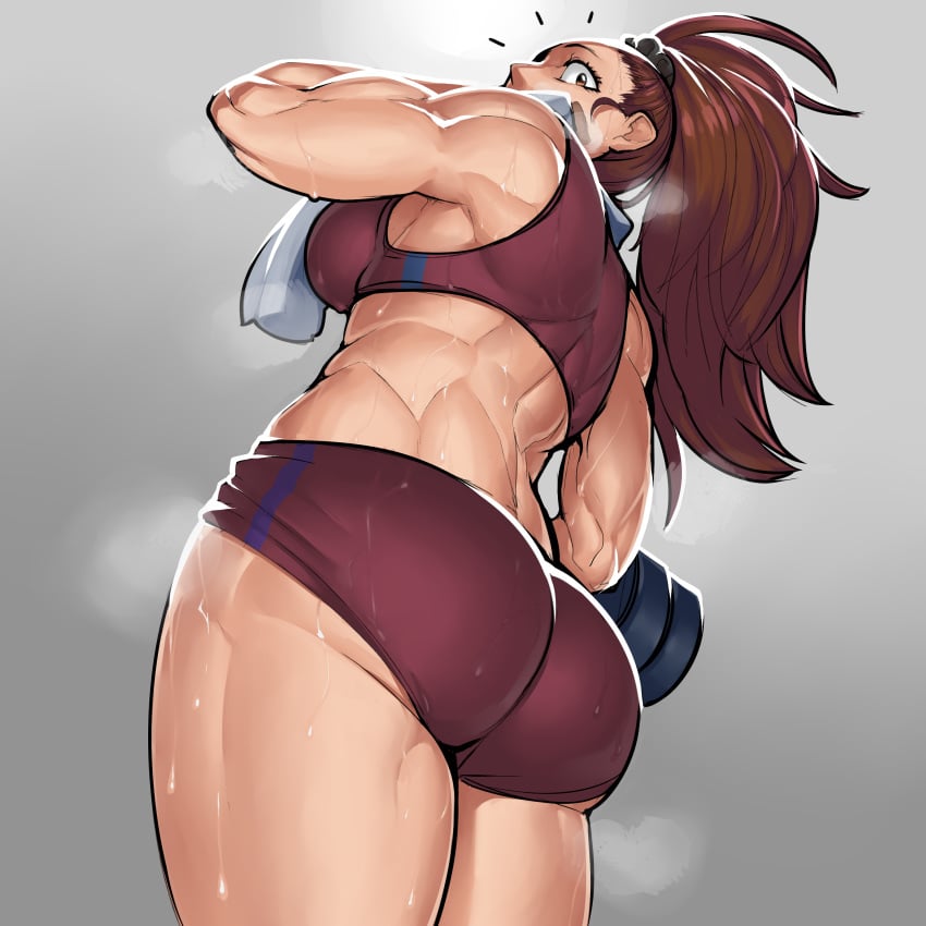 1girls ass_sweat back_sweat backside breasts brown_eyes brown_hair captain_mizuki cleavage dumbbell female female_only fit fit_female krekk0v long_ponytail looking_at_viewer looking_back looking_down low-angle_view muscles muscular muscular_female one-punch_man smelly_armpits solo sweat sweaty_thighs towel