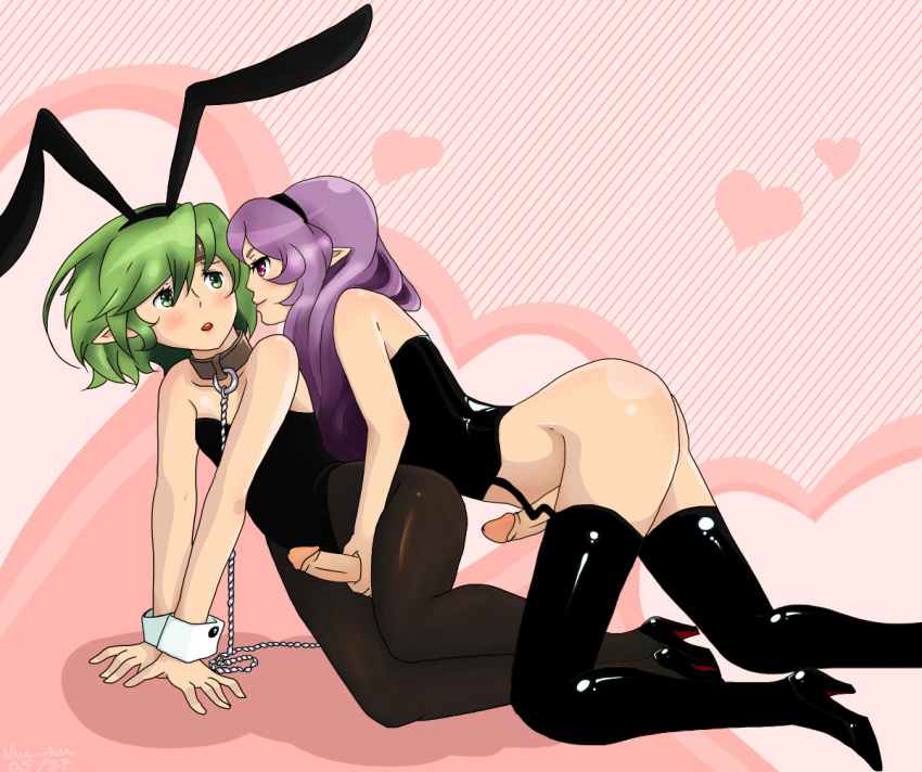 2futas armor_knight_(disgaea) blush bunny_costume clothing collar disgaea disgaea_d2 domination dominatrix duo elf elf_ears elf_futanari erection footwear futanari green_eyes green_hair hair handjob hi_res high_heels intersex leash leather legwear mammal nenerhea nippon_ichi_software pantyhose penis purple_eyes purple_hair stockings valkyrie_(disgaea) video_games