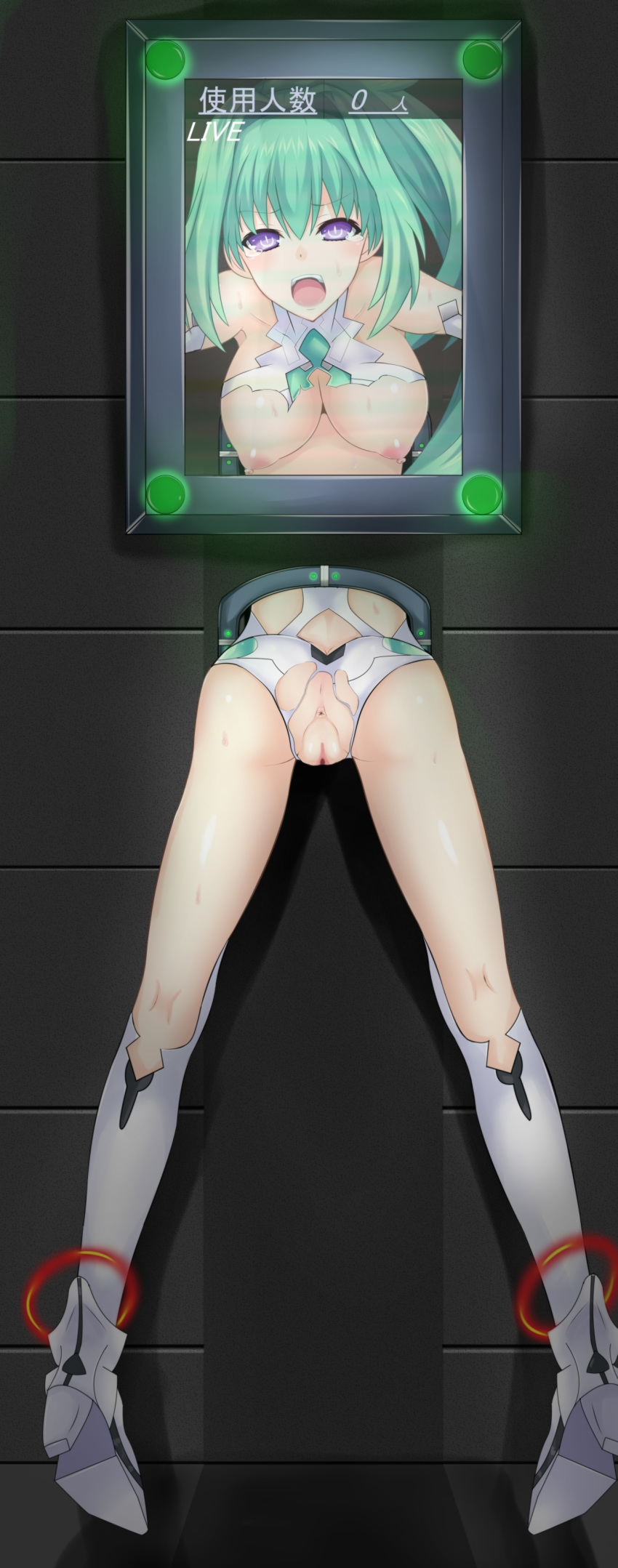 absurdres anus ass blush bondage bound breasts decensored female goddess green_hair green_heart highres large_breasts long_hair looking_at_viewer neptunia_(series) nipples open_mouth power_symbol public_use purple_eyes restrained screen sex_slave skin_tight solo stationary_restraints tears thighhighs through_wall torn_clothes uncensored vert vesperia