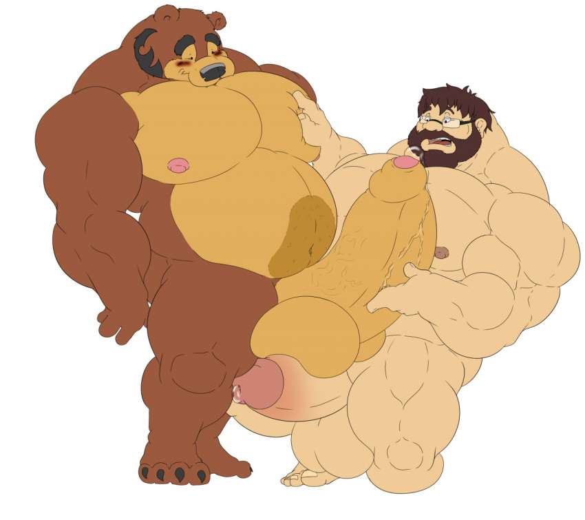 4_toes animal_genitalia anthro balls barefoot bear beard belly biceps big_biceps big_penis black_eyes black_nose blush brown_fur brown_hair brubearbrown cum cum_on_penis cum_on_self duo erection eyewear facial_hair front_view fur glasses hair hand_on_chest hand_on_penis hi_res huge_cock human humanoid_penis hyper hyper_penis male mammal manly mature_male muscular muscular_male nipples nude open_mouth partially_retracted_foreskin pecs penis pose precum presenting relaxing simple_background size_difference smaller_male standing teeth thick_penis toes tongue uncut vein veiny_penis white_background yaoi