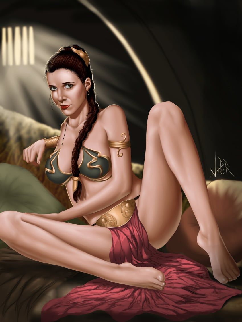 1girls actress barefoot braid carrie_fisher celebrity feet female hoop_earrings hutt jabba's_palace jabba_the_hutt lipstick loincloth makeup metal_bikini princess_leia_organa return_of_the_jedi slave slave_bikini slave_leia solo star_wars tatooine tied_hair viiperart